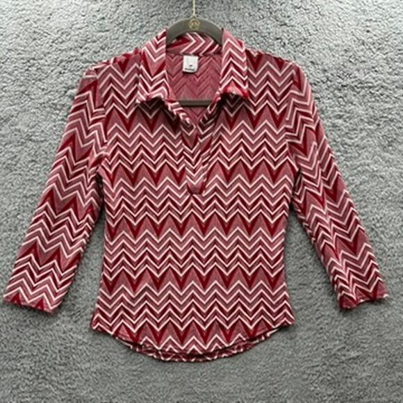 Newport Women's Red Chevron Pattern 3/4 Sleeves Groovy Shirt Casual Weekend - Picture 1 of 7